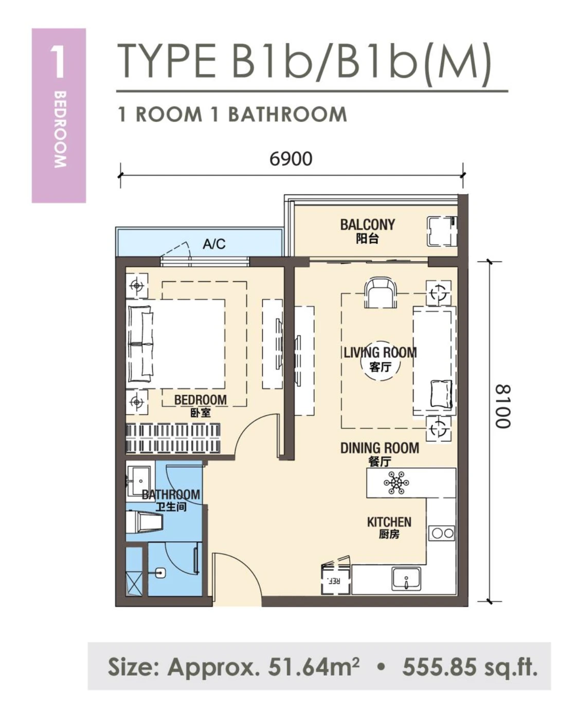 B1b(M) 1 bedroom floor plan at R&F Princess Cove Johor Bahru