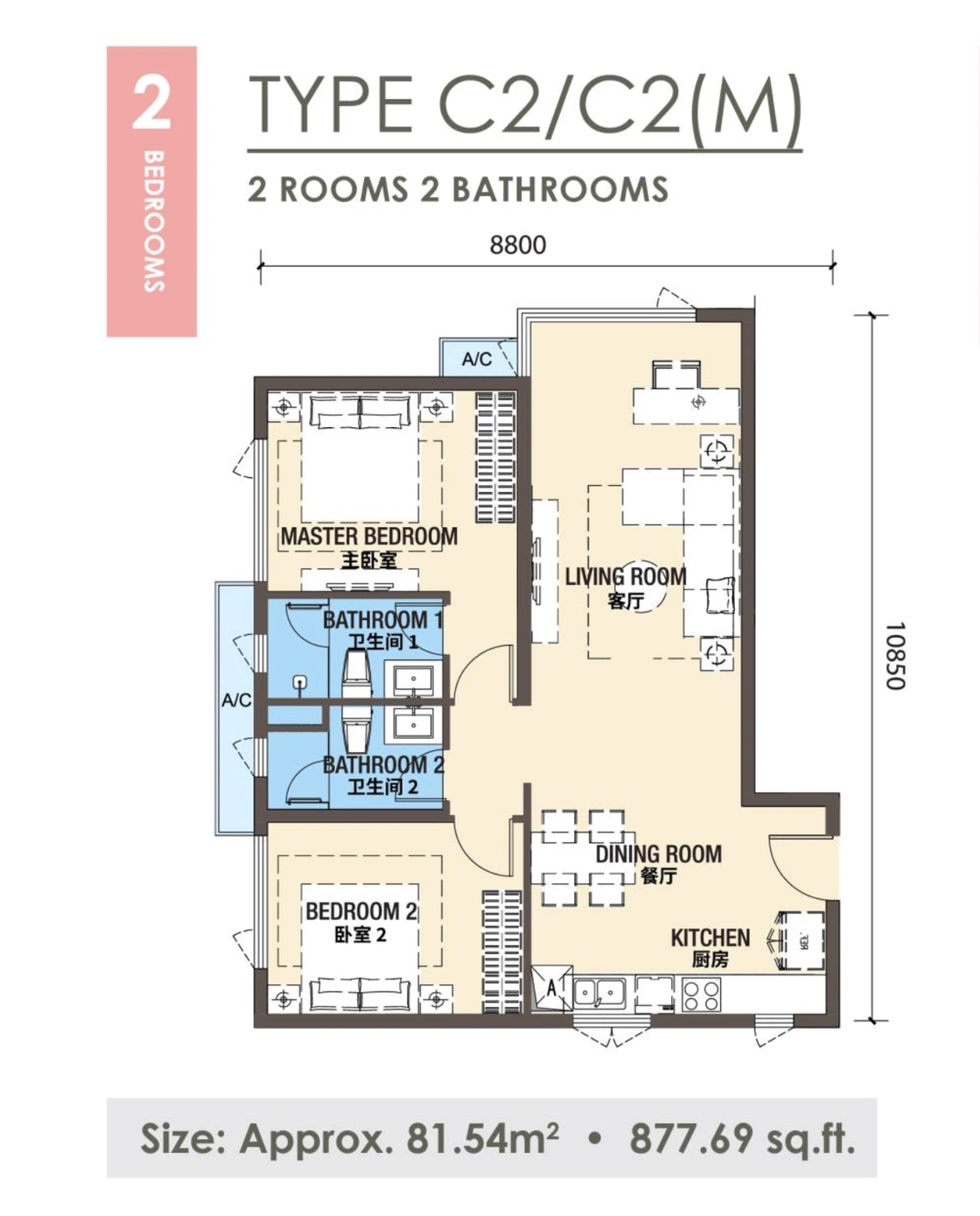C2(M) floor plan — 2 Bedrooms 2 Bathrooms, 820 - 877 sqft, R&F Princess Cove Johor Bahru