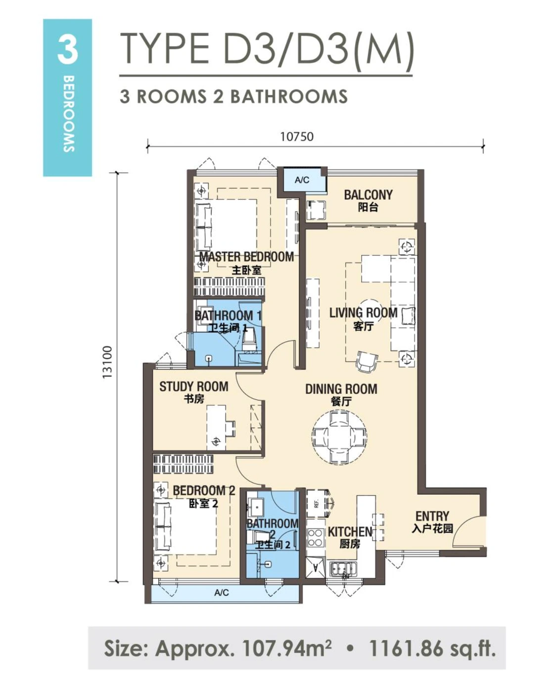 D3(M) 3 bedroom floor plan at R&F Princess Cove Johor Bahru