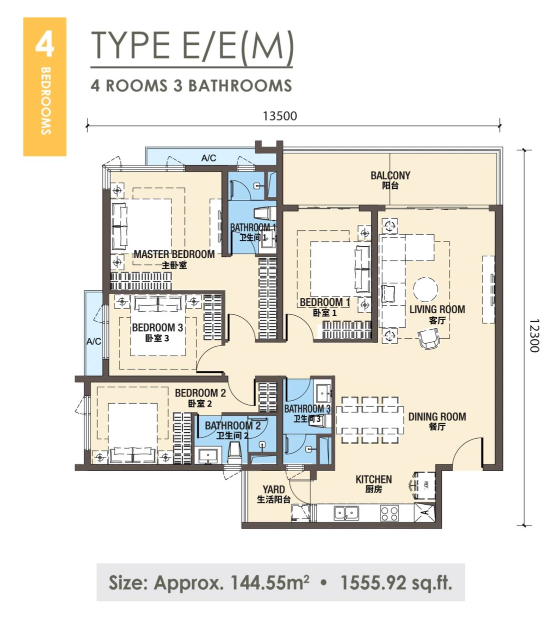 E1(M) 4 bedroom floor plan at R&F Princess Cove Johor Bahru